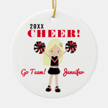 Ornamento de Cheerleader Louro Cinto Vermelho e Pr