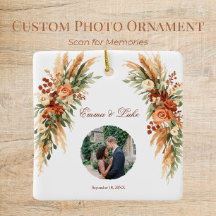 Cerâmica Ornamento de Código QR de Foto Floral Boho Perso