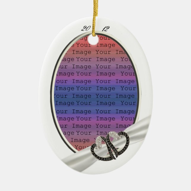 Cerâmica Ornamento de Corações de Diamante Preto e Branco (Frente)