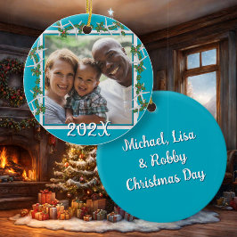 Cerâmica Ornamento de Foto de Natal em Praia Azul