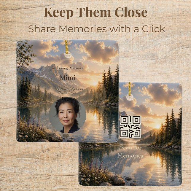 Cerâmica Ornamento de Foto Memorial Personalizado com Códig (Personalized memorial ornament with photo and QR code to honor loved ones each Christmas season.)