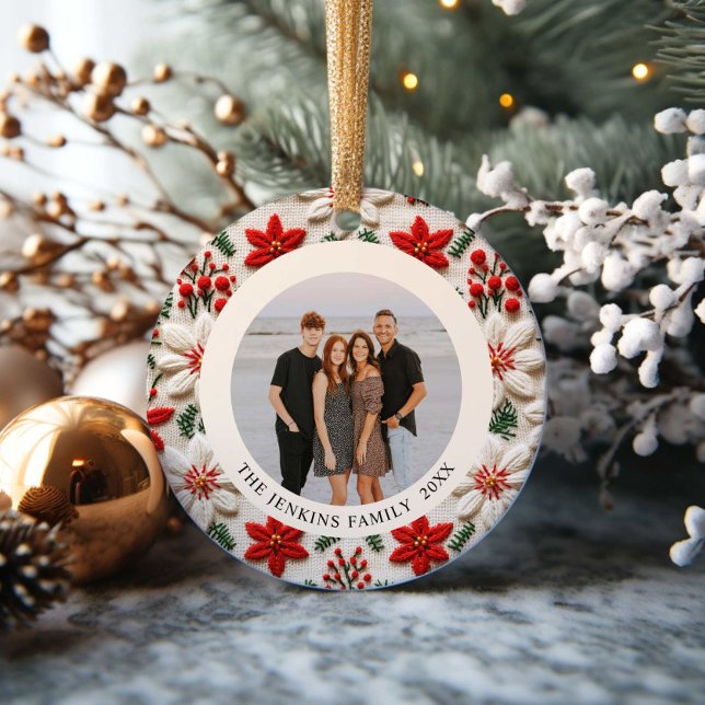 Cerâmica Ornamento de Fotos da Família Natal Elegante (Elegant Christmas Family Photo Ornament)