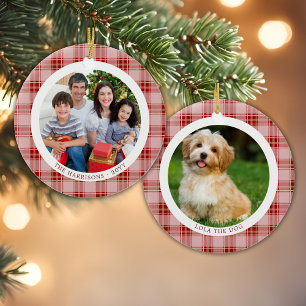 Cerâmica Ornamento de Fotos da Família Red Xadrez Natal 2