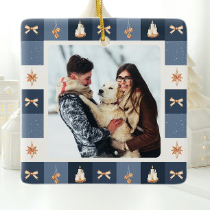 Cerâmica Ornamento de Fotos de Natal marinho e Dourado