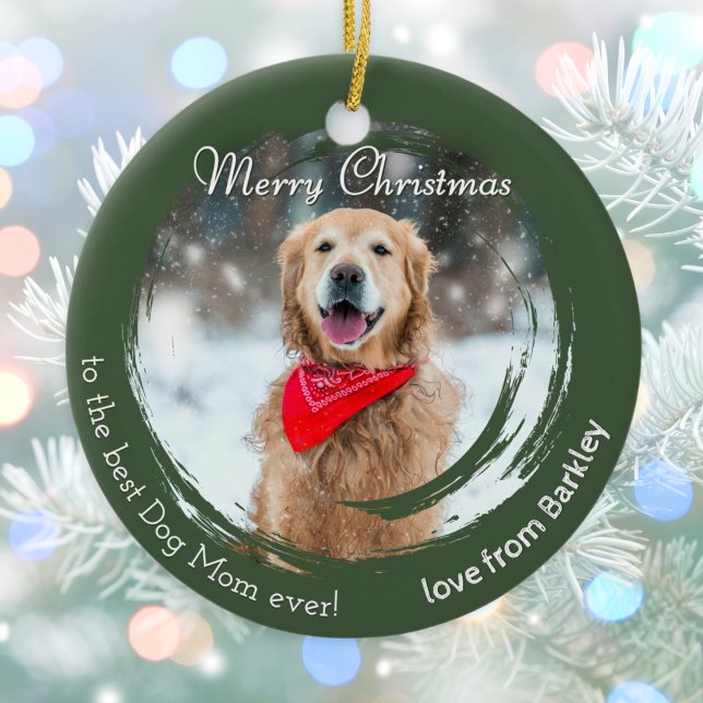 Cerâmica Ornamento de Fotos de Pet de Natal Russo para Cão  (A Christmas ornament for 'the best Dog Mom ever!' to personalize with a pet photo and pet's name)