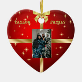 Cerâmica Ornamento de Fotos do Coração Vermelho e Dourado C