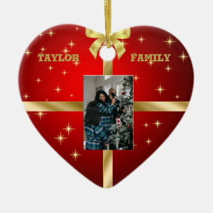 Cerâmica Ornamento de Fotos do Coração Vermelho e Dourado C
