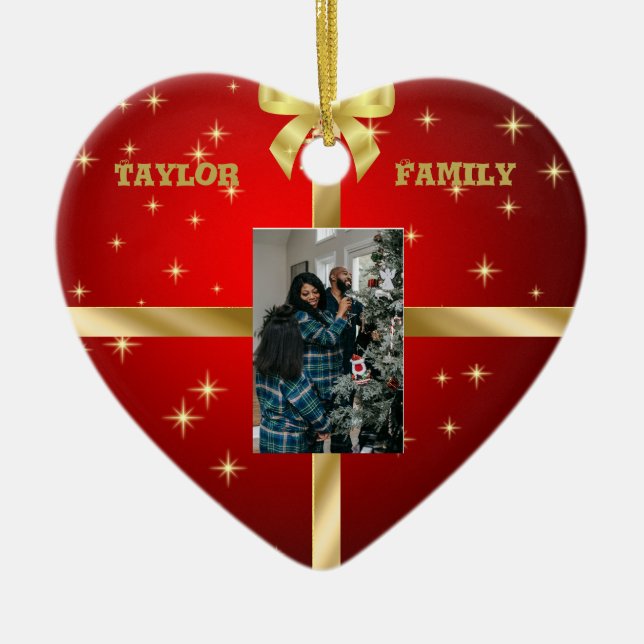 Cerâmica Ornamento de Fotos do Coração Vermelho e Dourado C (Frente)