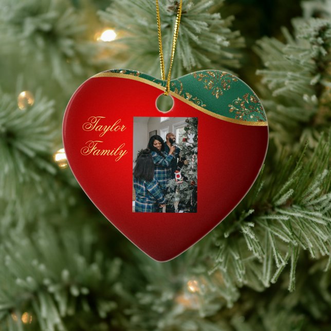 Cerâmica Ornamento de Fotos do Coração Vermelho, Verde e Do (Árvore)
