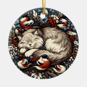 Cerâmica Ornamento de Gatos e Bullfinches Dormindo