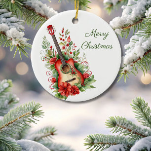 Cerâmica Ornamento de Guitarra e Flores de Feliz Natal