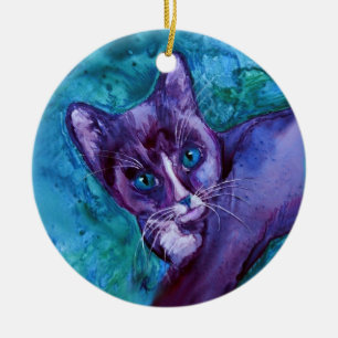 Cerâmica Ornamento de Kitten de Gato Tuxedo - "Tuxedo Roxo"
