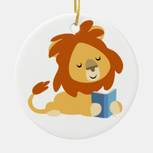 Cerâmica Ornamento de Leão de Cartoon de Leitura em Branco