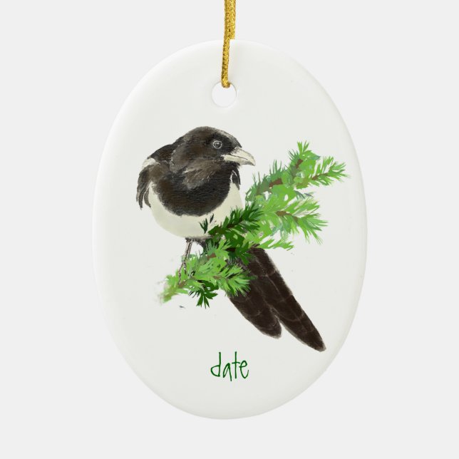 Cerâmica Ornamento de Magpie de Natal Datado Personalizado (Frente)
