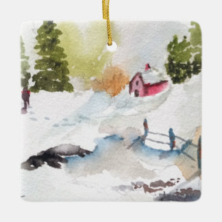 Cerâmica Ornamento de Natal de Paisagem em Aquarela