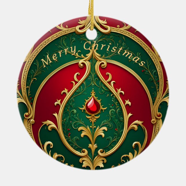 Cerâmica Ornamento de Natal Dourado Verde Vermelho (Traseira)