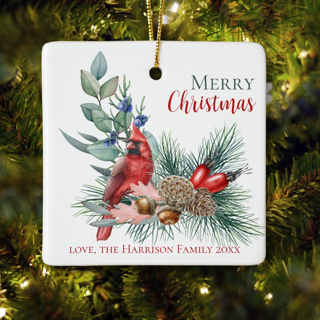 Cerâmica Ornamento de Natal Merry Cardinal (Watercolor Cardinal Merry Christmas Ornament
)