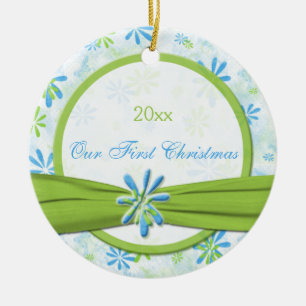Cerâmica Ornamento de Natal Verde e Azul Floral