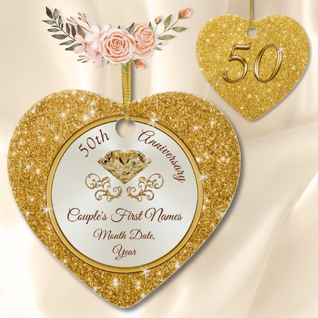 Cerâmica Ornamento de Ouro Geminado personalizado (50th Anniversary Ornament, Personalized. Golden anniversary ornament. Cheap 50th anniversary Gifts.)
