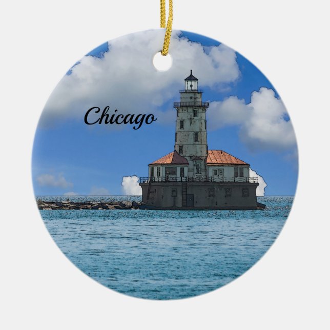 Cerâmica Ornamento de Painterly do Farol de Chicago Harbor (Frente)