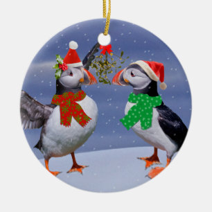 Cerâmica Ornamento de Puffins Festivos