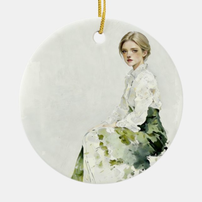 Cerâmica Ornamento de retrato verde suave (Frente)
