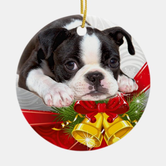 Cerâmica Ornamento de suspensão do Natal de Boston Terrier (Frente)