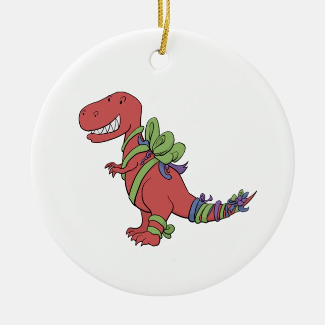 Cerâmica Ornamento de T-Rex Chirstmas-Ribboned (Frente)