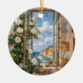 Cerâmica Ornamento de Vista para o Mar com Rosas Brancas
