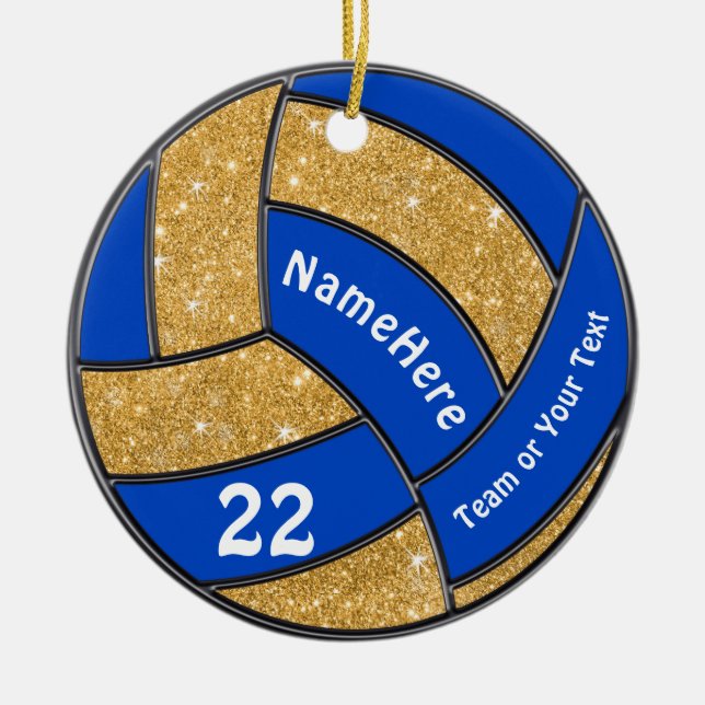 Cerâmica Ornamento de Voleibol Azul e Dourado Personalizado (Frente)