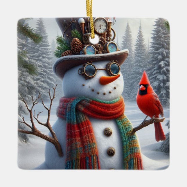 Cerâmica Ornamento do boneco de neve Steampunk. (Frente)
