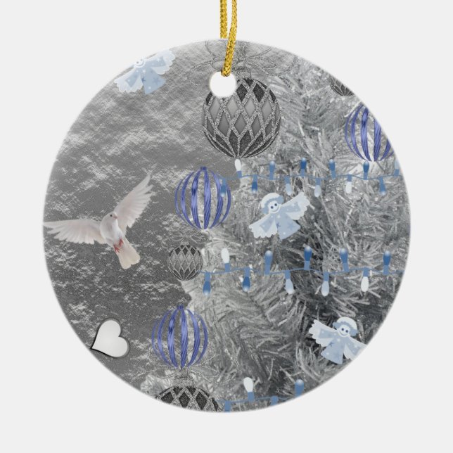 Cerâmica Ornamento do Círculo de Natal, Prata Azul (Frente)