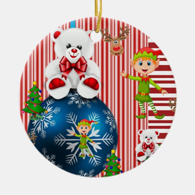 Cerâmica Ornamento do Círculo de Natal, Urso de Teddy Elf (Frente)