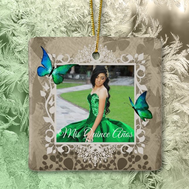 Cerâmica Ornamento Elegante de Quinceanera Green (emerald green quinceanera christmas ornament keepsake mis quince anos green dress portrait)