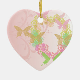 Cerâmica Ornamento em Forma de Coração com Flores e Borbole