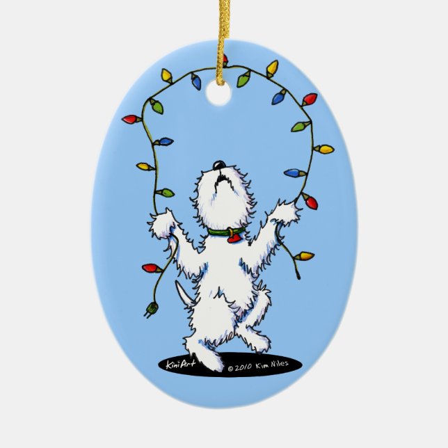 Cerâmica Ornamento Feliz de Cão Westie de Natal (Frente)