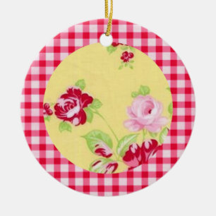 Cerâmica Ornamento Floral de Gingham Rosa