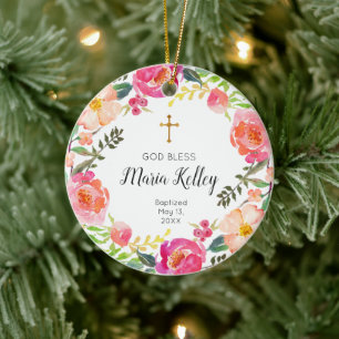 Cerâmica Ornamento Floral Personalizado de Batismo Menina