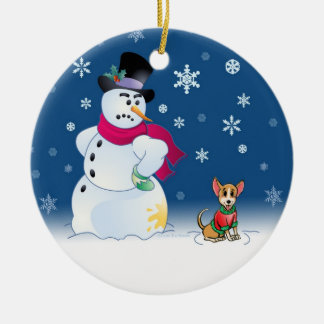 Cerâmica Ornamento frio da chihuahua e do boneco de neve