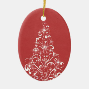 Cerâmica Ornamento oval de árvore de feriado cinza, vermelh