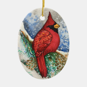 Cerâmica Ornamento Oval de Aves de Natal Vermelhas Woodland