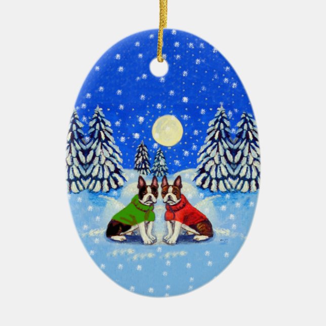 Cerâmica Ornamento Oval de Boston Terrier (Frente)