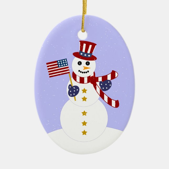 Cerâmica Ornamento Oval de Natal Patriótico Snowman (Frente)