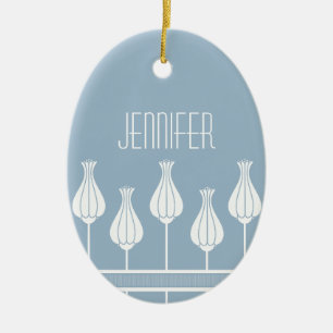 Cerâmica Ornamento Oval Floral Deco de Arte Azul Claro