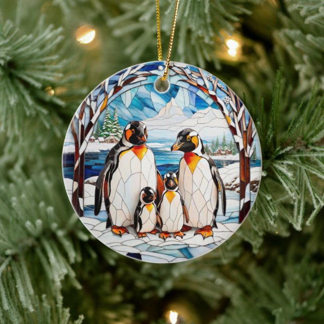 Cerâmica Ornamento personalizado da família de pinguins (Árvore)