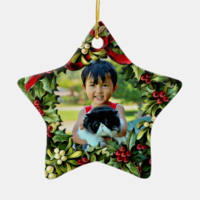 Cerâmica Ornamento Personalizado de Foto Holly Wreath Star (Frente)
