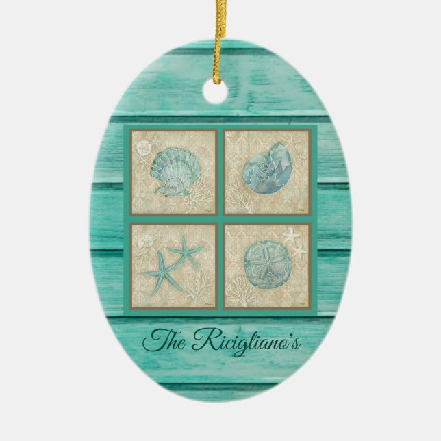Cerâmica Ornamento Personalizado de Seashell de Teal (Frente)