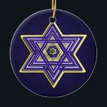 Cerâmica Ornamento tecido azul & amarelo da estrela de<br><div class="desc">Aperfeiçoe para Hanukkah ou em qualquer altura que do ano,  um fundo azul profundo ajusta-se fora de uma estrela de David intrincada no azul e no amarelo.</div>
