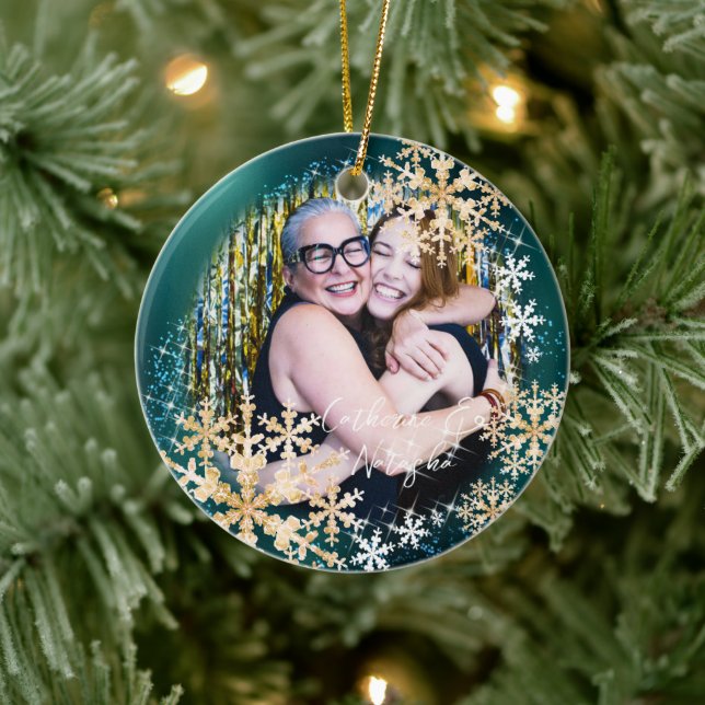 Cerâmica Ornamento Verde Fotográfico de Flocos de Neve em L (Árvore)