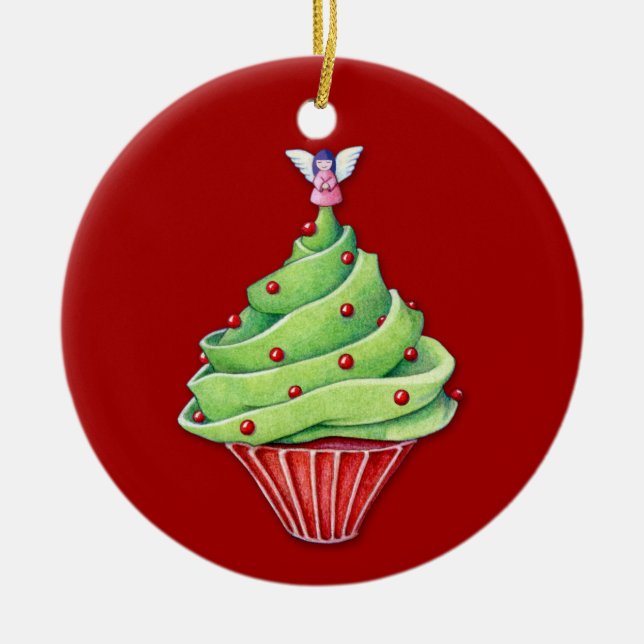 Cerâmica Ornamento vermelho de Cupcake de Árvore de Natal (Frente)